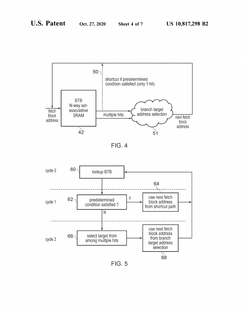 Figure 5: 专利 Figure 4,BTB shortcut path。建议画出 BTB ways、shortcut path bypassing branch target selecting circuitry、control mux